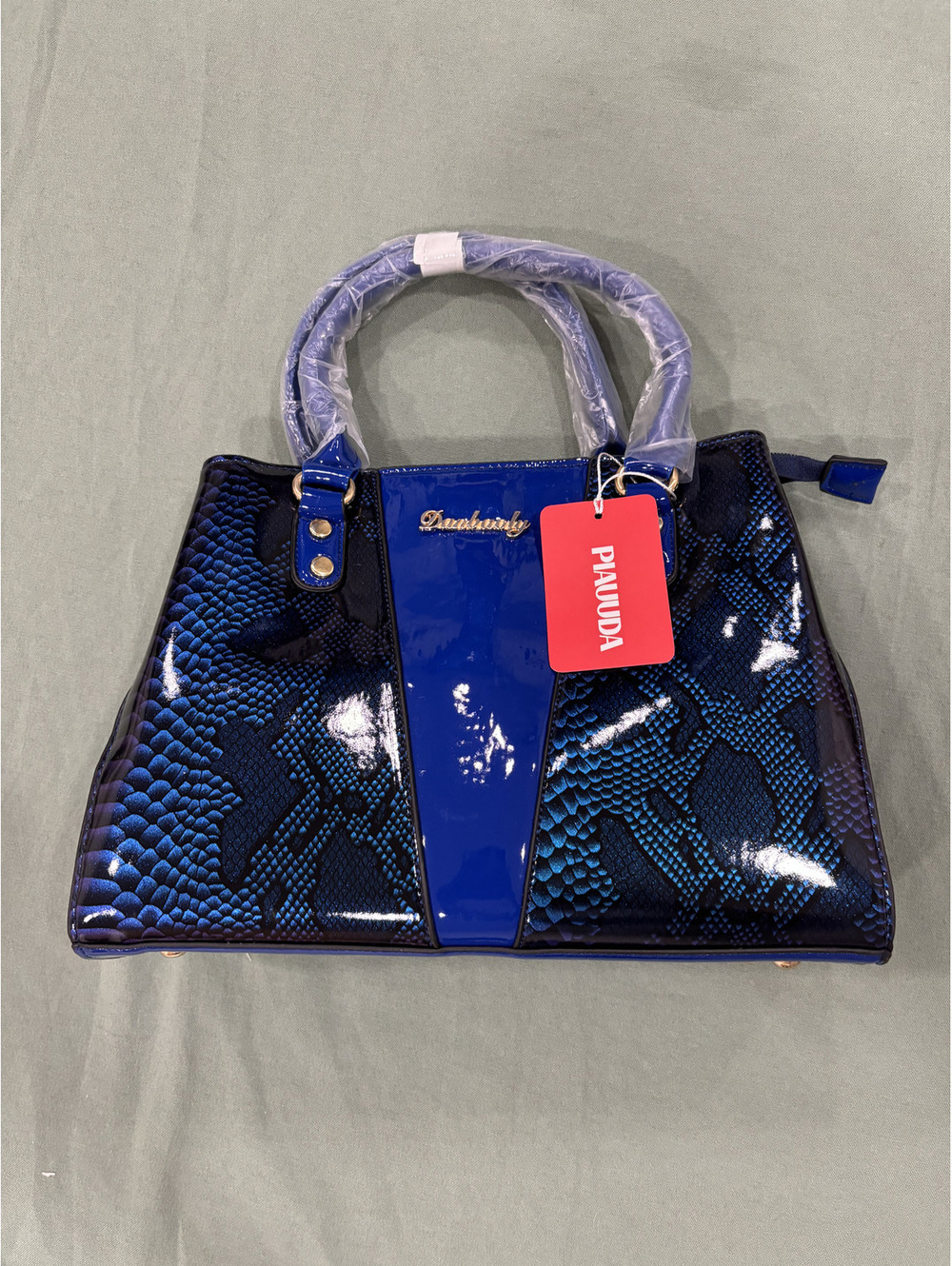 Blue Patent Leather Snake Pattern Handbag